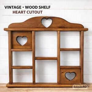 Charming Vintage Wooden Wall Shelf with Heart Cutouts – Cottage Farmhouse Style